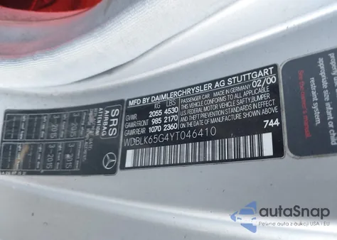 2000 Mercedes-Benz Clk 320 из США, поврежденный, VIN WDBLK65G4YT046410